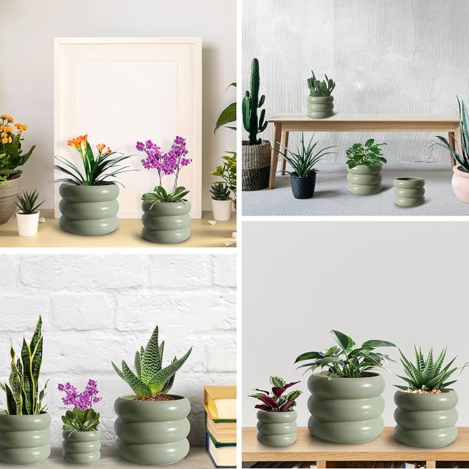 3 Piece Modern Ceramic Planter, 6.5/4.7/3.5 Inch Green Plant Pot Set of 3 Unique Planters for Outdoor Indoor Flower Pots Plants with Drainage Holes Home & Office Decor with Mesh Pad