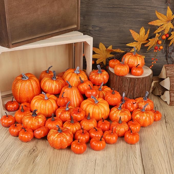 winemana 46 Pcs Assorted Size Artificial Pumpkins Fall Decorations, Orange Foam Pumpkin Autumn Decor, Decorative Faux Pumpkin for Harvest Thanksgiving Table Centerpiece Mantle Bowl Wedding Party