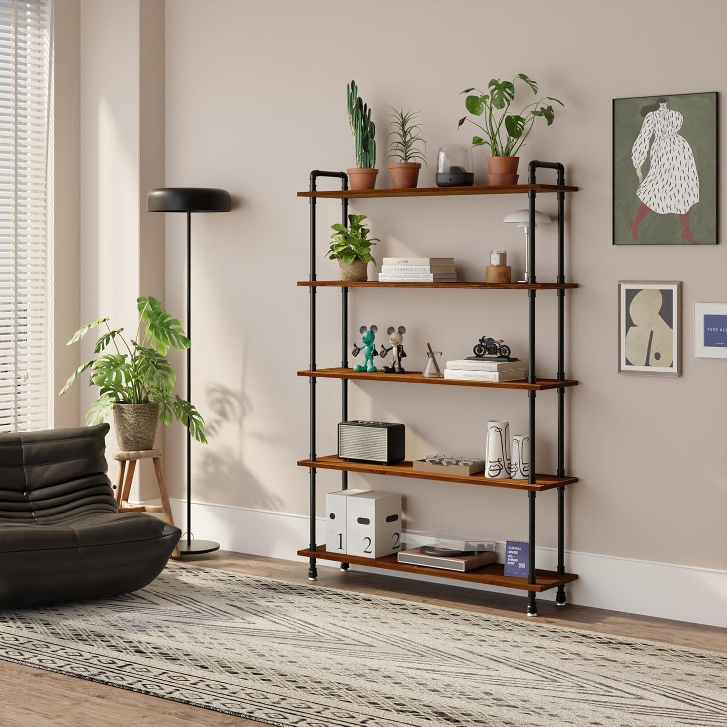 Industrial Bookshelf, 5-Tier Pipe Shelf, Wall Mounted Bookcase for Home and Office (Rustic Brown, 48" L x 11.8" W x 70" H)