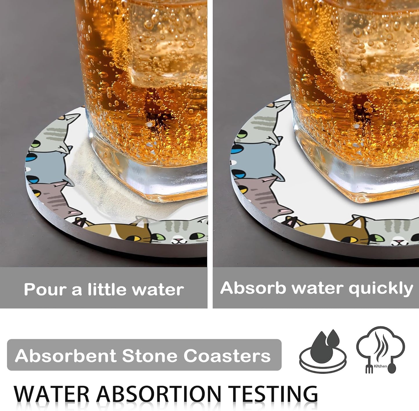 Cute Cat Dog Set of 6 Coasters for Drinks Absorbing Round Ceramic Stone Coaster with Cork Base,Tabletop Protection Mat for Mugs and Cups,Office,Kitchen