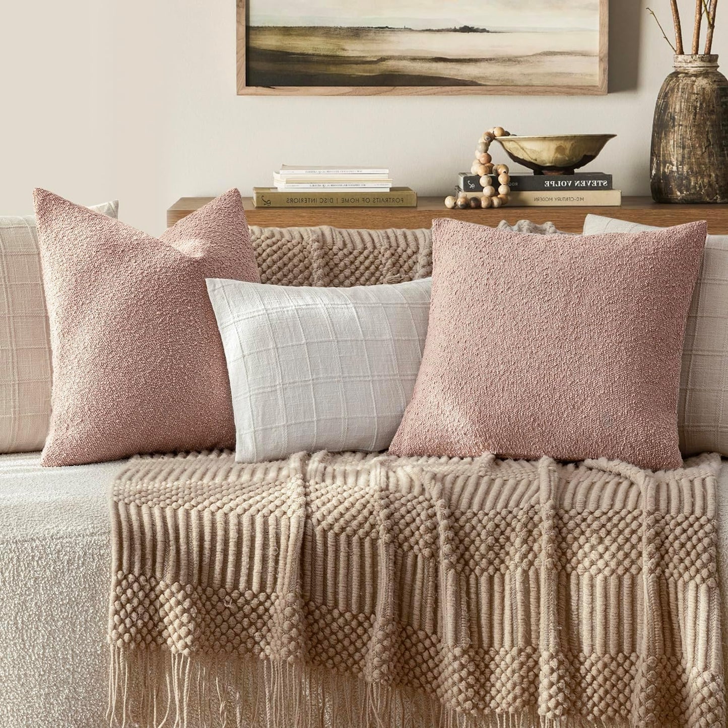 Foindtower Decorative Textured Boucle Throw Pillow Covers Accent Solid Pillow Cases Neutral Soft Cozy Couch Cushion Case for Chair Sofa Bedroom Living Room Home Decor 22x22 Inch,1PC,Light Pink