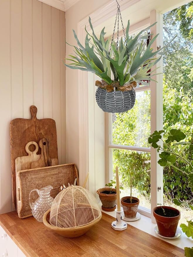 Hollyone Artificial Staghorn Fern Hanging Plants, Fake Boston Fern Hanging Plant in Persian Rattan Pot Faux Fern Plant Potted Hanging Plant for Indoor Outdoor Home Wall Room Garden Decor