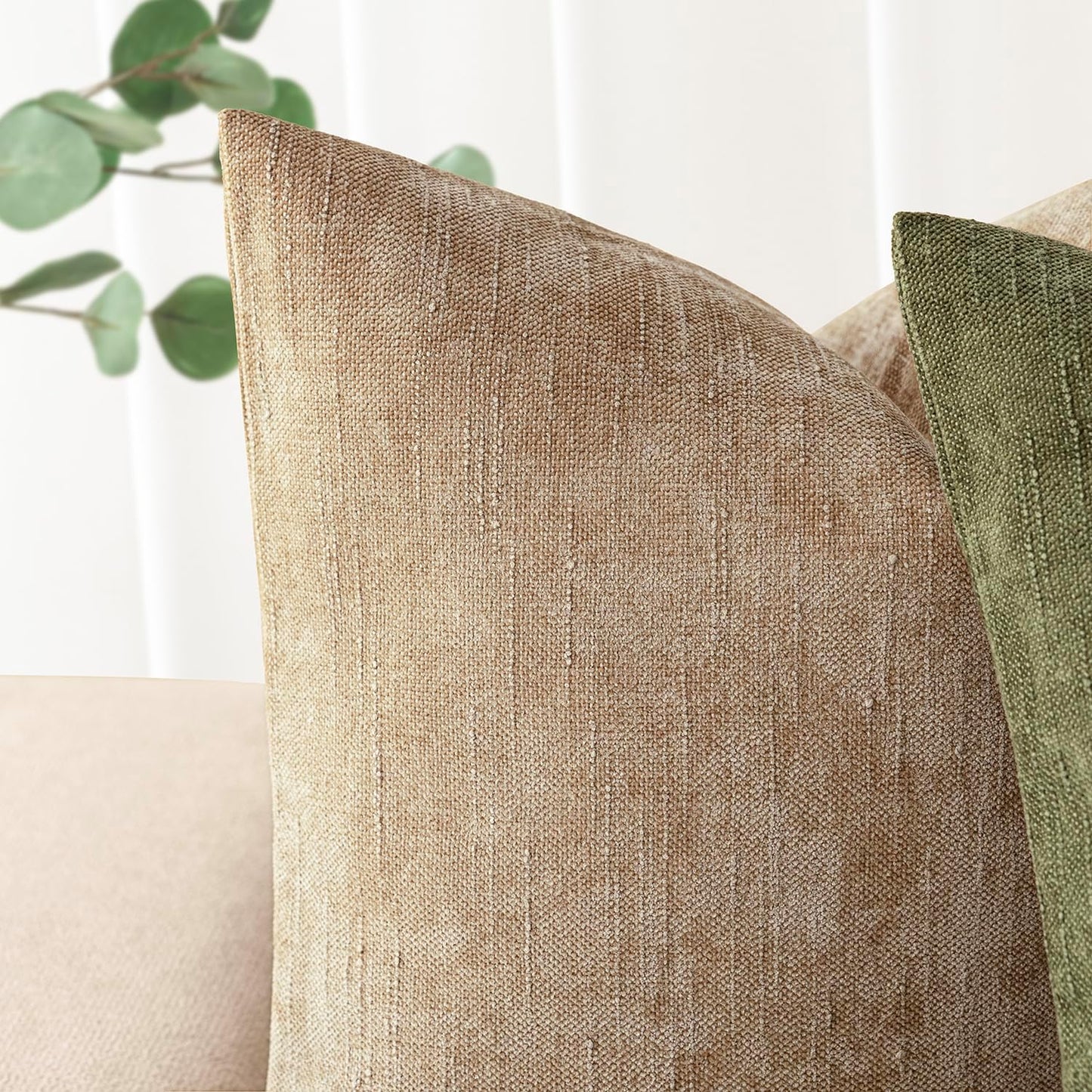 Foindtower Pack of 2 Textured Chenille Throw Decorative Pillow Covers Square Accent Solid Cushion Cover Neutral Farmhouse Pillow Case for Couch Sofa Bedroom Living Room 26x26 Inch,Taupe Khaki Camel