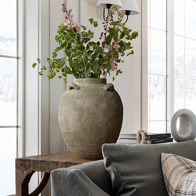 LuxenHome Rustic Ceramic Flower Vase,15 Inch Tall Brown Terracotta Cauldron Vase for Living Room Decor，Large Floor Vase Home Décor Accents,Round Vintage Pottery Vases Home Decor