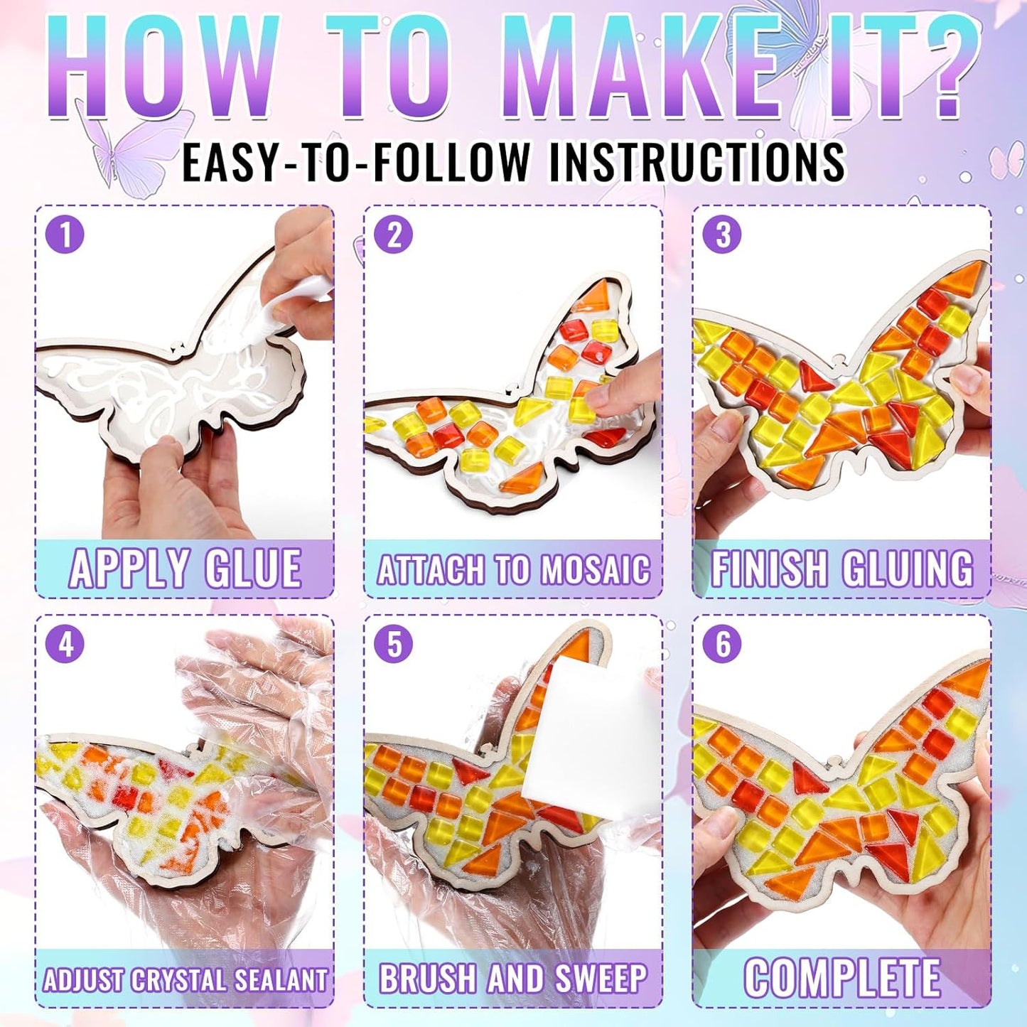 Honeydak 6 Sets DIY Glass Mosaic Tiles for Crafts with Butterfly Wooden Coasters for Adults Mixed Color Mosaic Crafts Materials Package for Coaster Stained Glass Kit for Handmade Home Decor Gifts