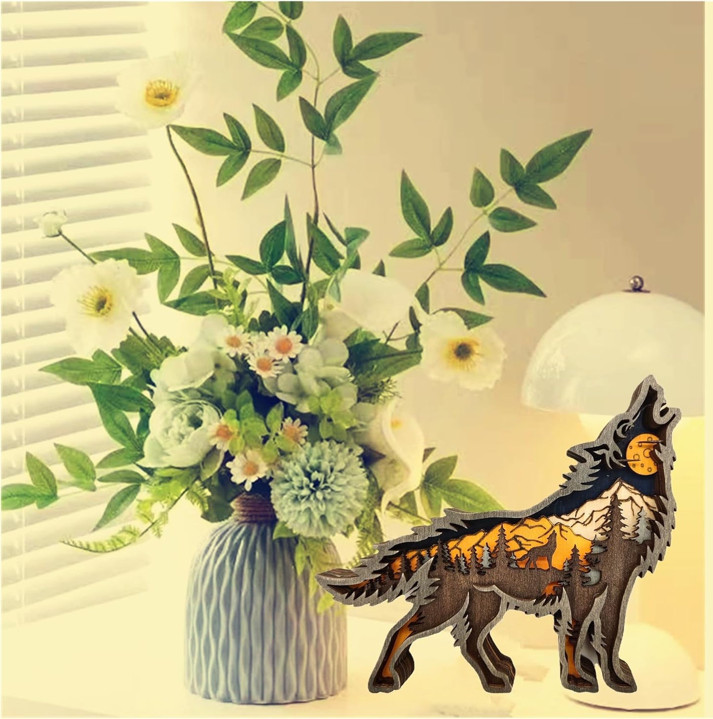 Forest Animal Desk Art Decor Wooden Farmhouse Table Decoration, Cabin Decor, Nursery Decor Mountain Decor for Bedroom Living Room(Wolf)