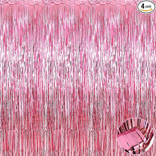 4 Pack Pink Foil Fringe Curtain Backdrop, 3.3Ft x 9.8Ft Metallic Tinsel Foil Fringe Streamers Curtains for Photo Booth, Wedding, Bachelorette, Birthday, Valentine's Day, Carnival Party Decoration
