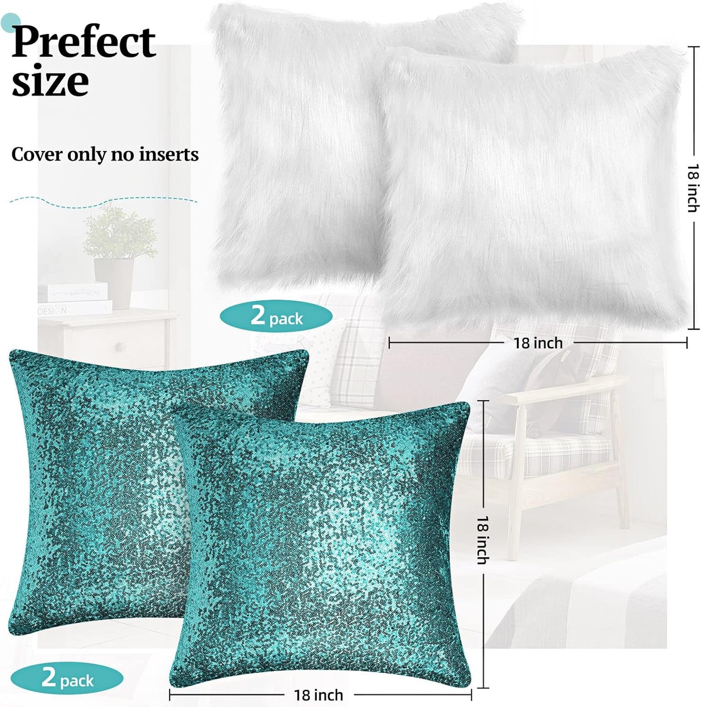 Irenare 4 Pcs Sequin and Fluffy Pillow Covers Winter Throw Pillow Cases Soft Cushion Cover for Couch Bed Sofa Xmas Day(18 x 18 Inch,Lake Blue, White)