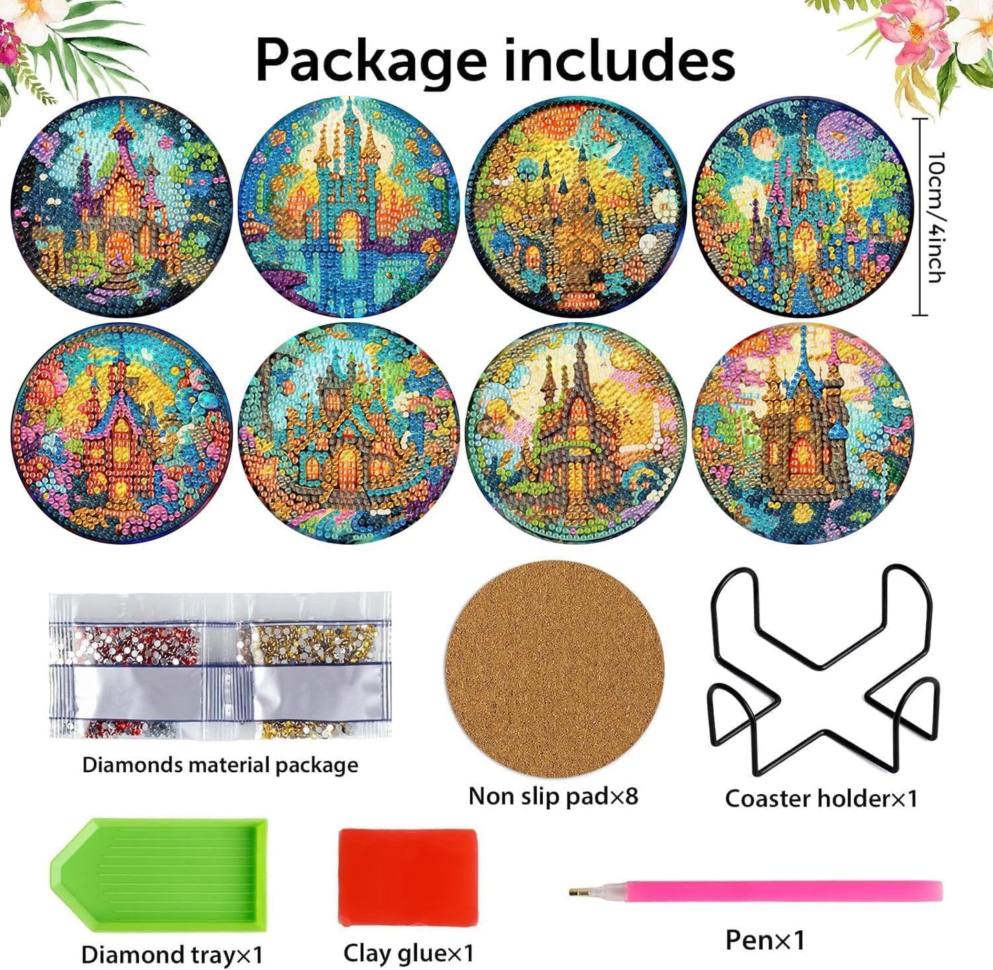Meothan 8 Pcs Diamond Art Coasters Kits for Adults with Holder Cork Pads, Succulent Diamond Dots Art Painting Coasters Crafts Kit for Home Office Decor (Castle)