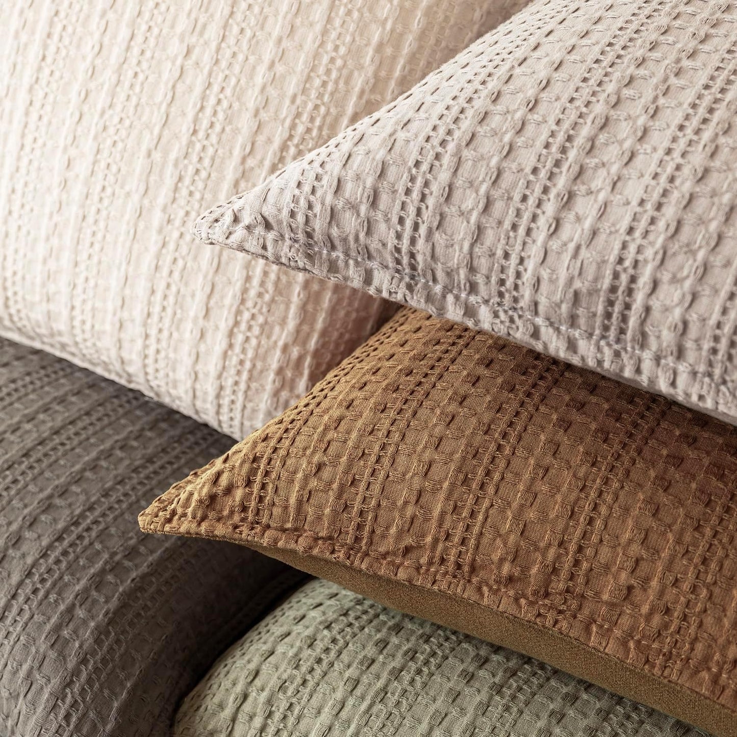 Foindtower Set of 2 Decorative Cotton Waffle Weave Throw Pillow Covers Euro Shams Cushion Covers Accent European Pillowcase for Bed Couch Sofa Bedroom Living Room Home Decor 24×24 Inch Orange Brown