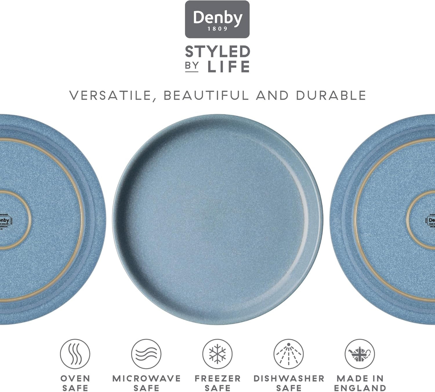 Denby - Elements Blue Coupe Dinner Plates Set of 6 - Dishwasher Microwave Oven Safe - Scratch Chip Resistant - Large Ceramic Stoneware Dinnerware Plates Set