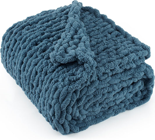 Chunky Knit Throw Blanket 60"X 80", 100% Handmade with Soft Chenille Yarn, 6.7lbs Thick Cable Knitted Blankets, Large Rope Knot Crochet Throws for Couch Sofa Bed Home Decor, Mineral Blue