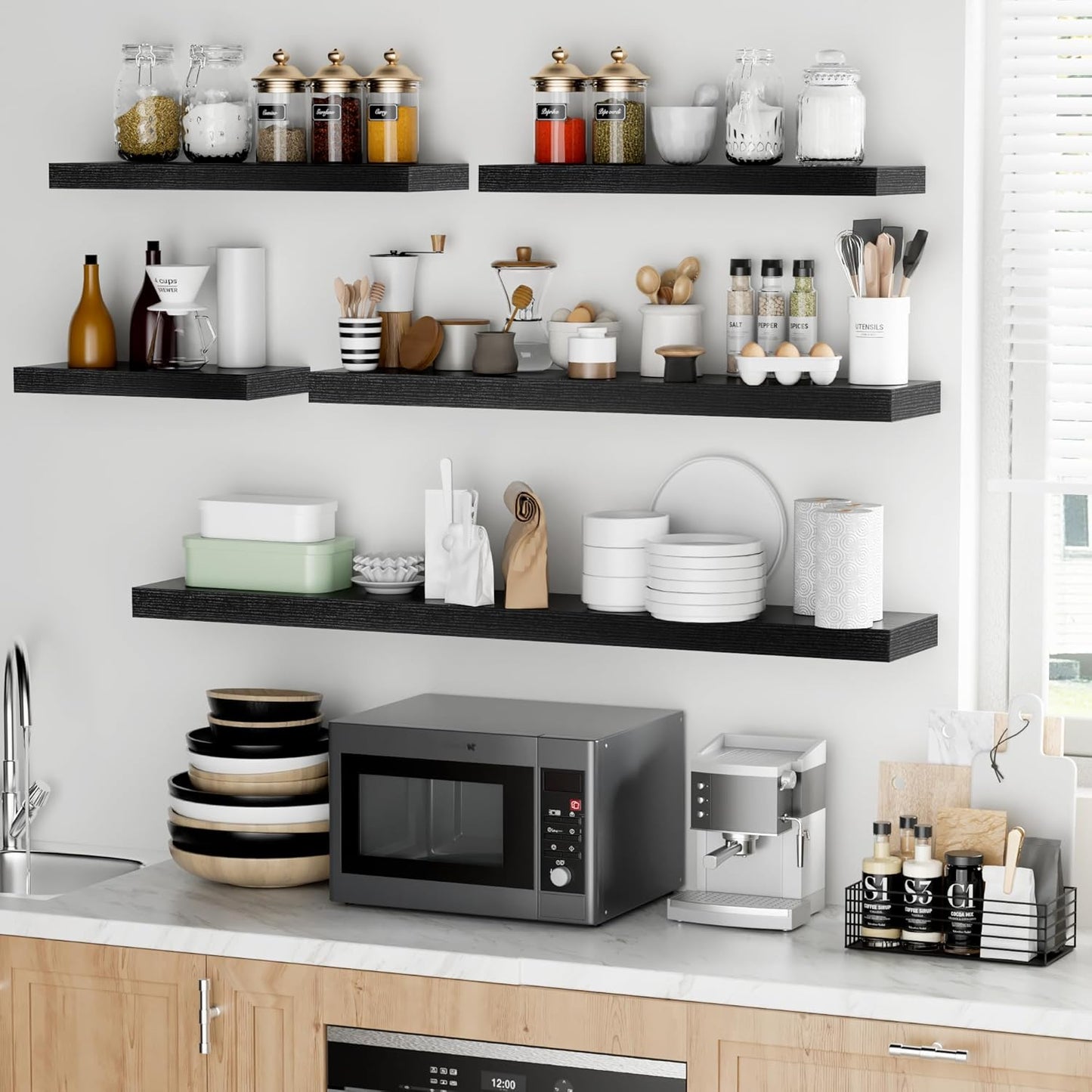 Fun Memories 24 Inch Floating Shelves - Deep Rustic Black Wooden Wall Shelves - Extra Deeper & Thicker Wall Mounted Storage Shelf for Bedroom, Kitchen, Farmhouse - 2 Pack, Rustic Black