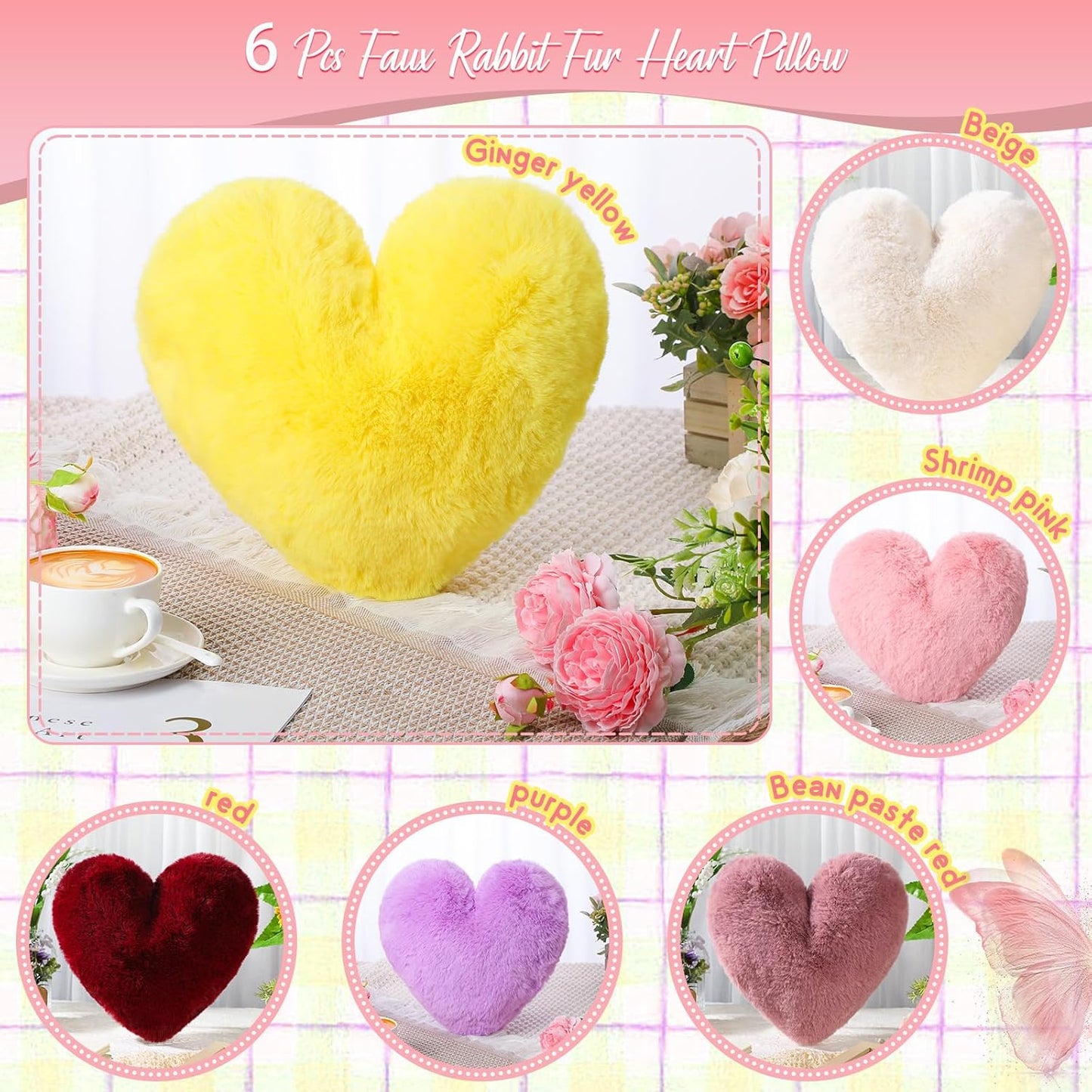 Liliful 6 Pcs Faux Rabbit Fur Heart Pillows Helloween Fluffy Heart Throw Pillows Christmas Cute Couch Cushion Soft Decorative Throw Cushion for Bed Sofa Girls Women(12 x 11 Inch,Bright Color)