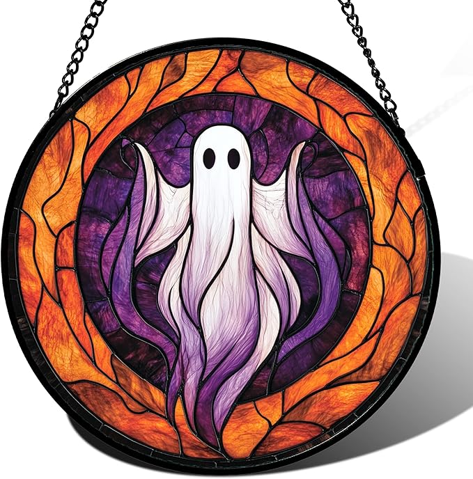 Stained Glass Window Hanging - Halloween Decorations White Purple Ghost Suncatcher for Doors Garden Indoor Spooky Funny Sun Catchers Gothic Decor Horror Gifts for Women Men Friend 6.3 in