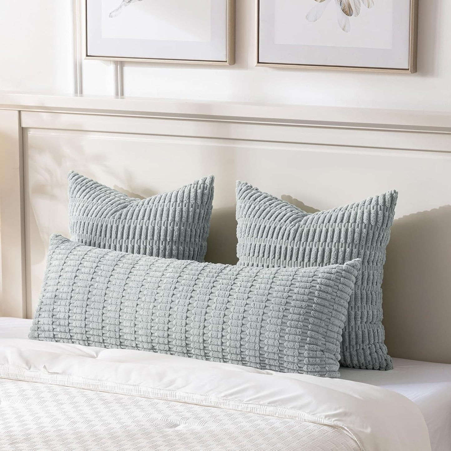 Fancy Homi Grey Blue Long Body Lumbar Lumbar Decorative Throw Pillow Covers 20x54 Inch for Bed Couch Bedroom Bench, Soft Corduroy Rectangle Solid Pillow Case, Rustic Farmhouse Boho Room Decor