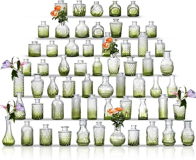 Glass Bud Vase Set of 60 - Small Vases for Flowers in Bulk - Assorted Vintage Crystal Vases for Flowers, Table Centerpieces (Green, 60 Pcs)