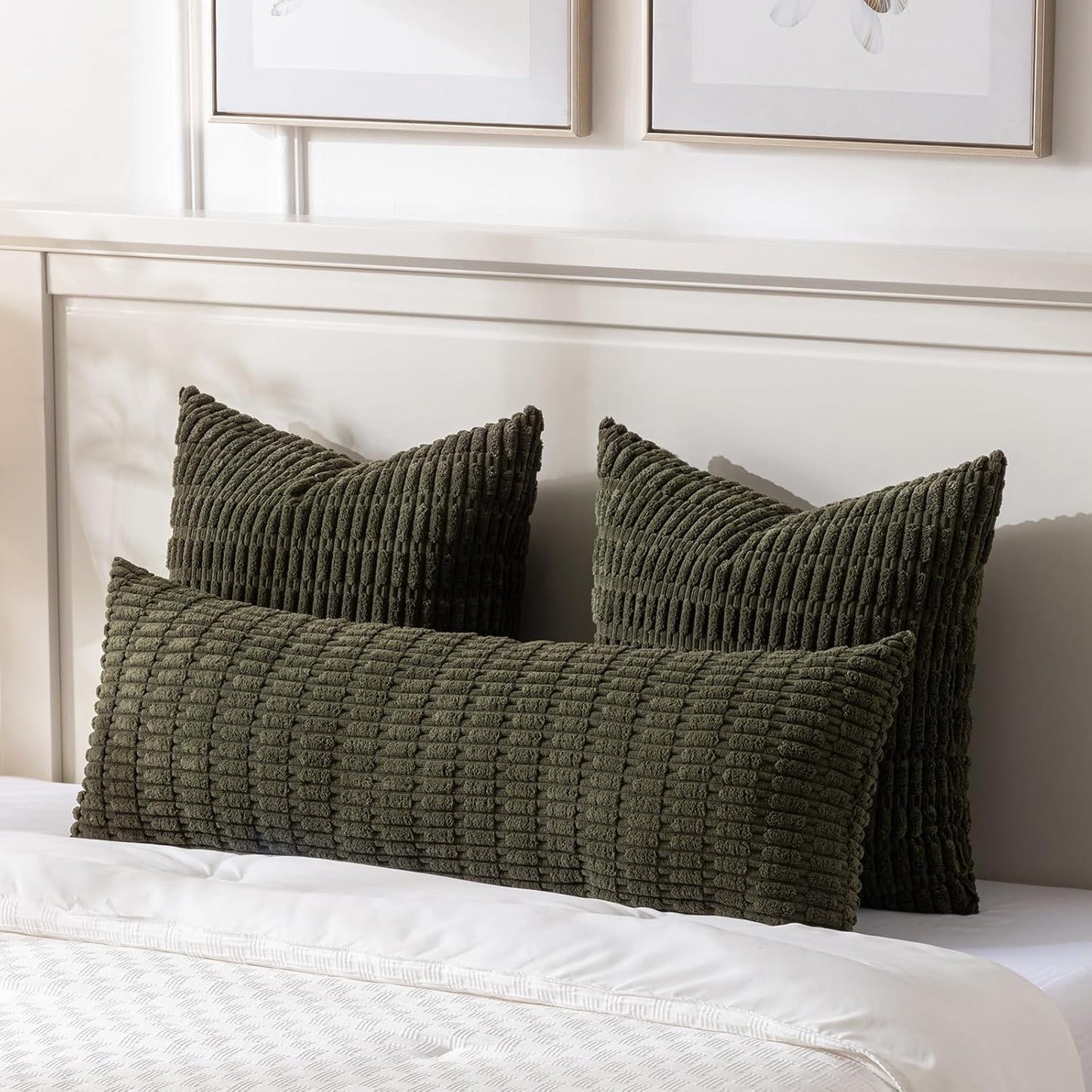 Fancy Homi Olive Green Long Body Lumbar Decorative Throw Pillow Covers 14x36 Inch for Bed Couch Bedroom, Soft Corduroy Rectangle Solid Pillow Case 35x91 cm, Rustic Farmhouse Boho Room Decor