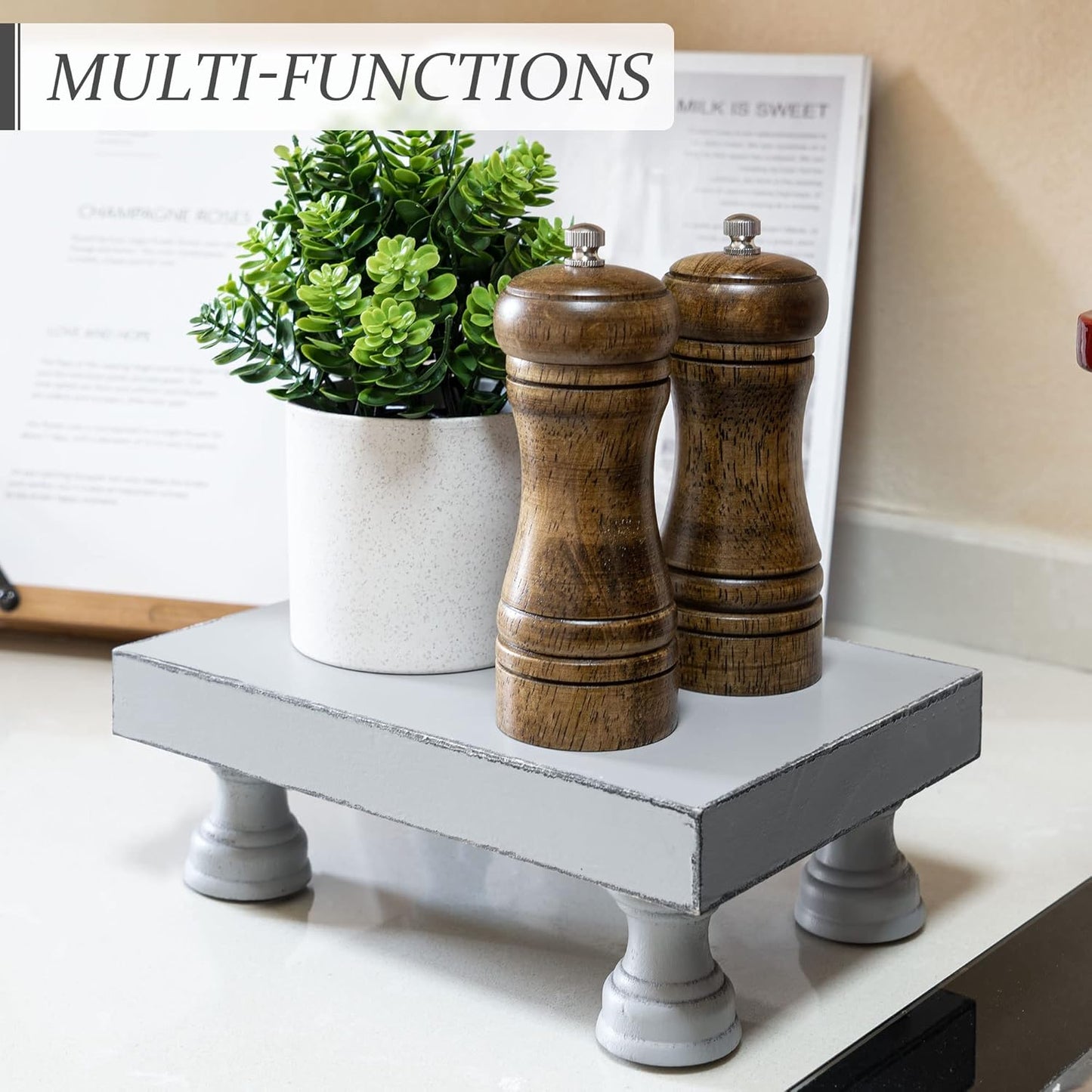 EOSAHR Decorative Wood Riser for Display : Modern Farmhouse Pedestal Stand for Home & Kitchen Decor and Stylish Soap Stand for Sink - Rustic Bathroom Counter Tray and Countertop Organizer (Light Gray)