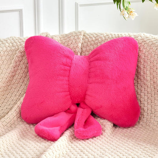 Hot Pink Bow Pillow, Soft Bow Decorative Pillows with Faux Rabbit Fur, Cute 16" Bow Throw Pillows, Aesthetic Home Decor Bow Shaped Plush Pillow for Bedroom Sofa Couch