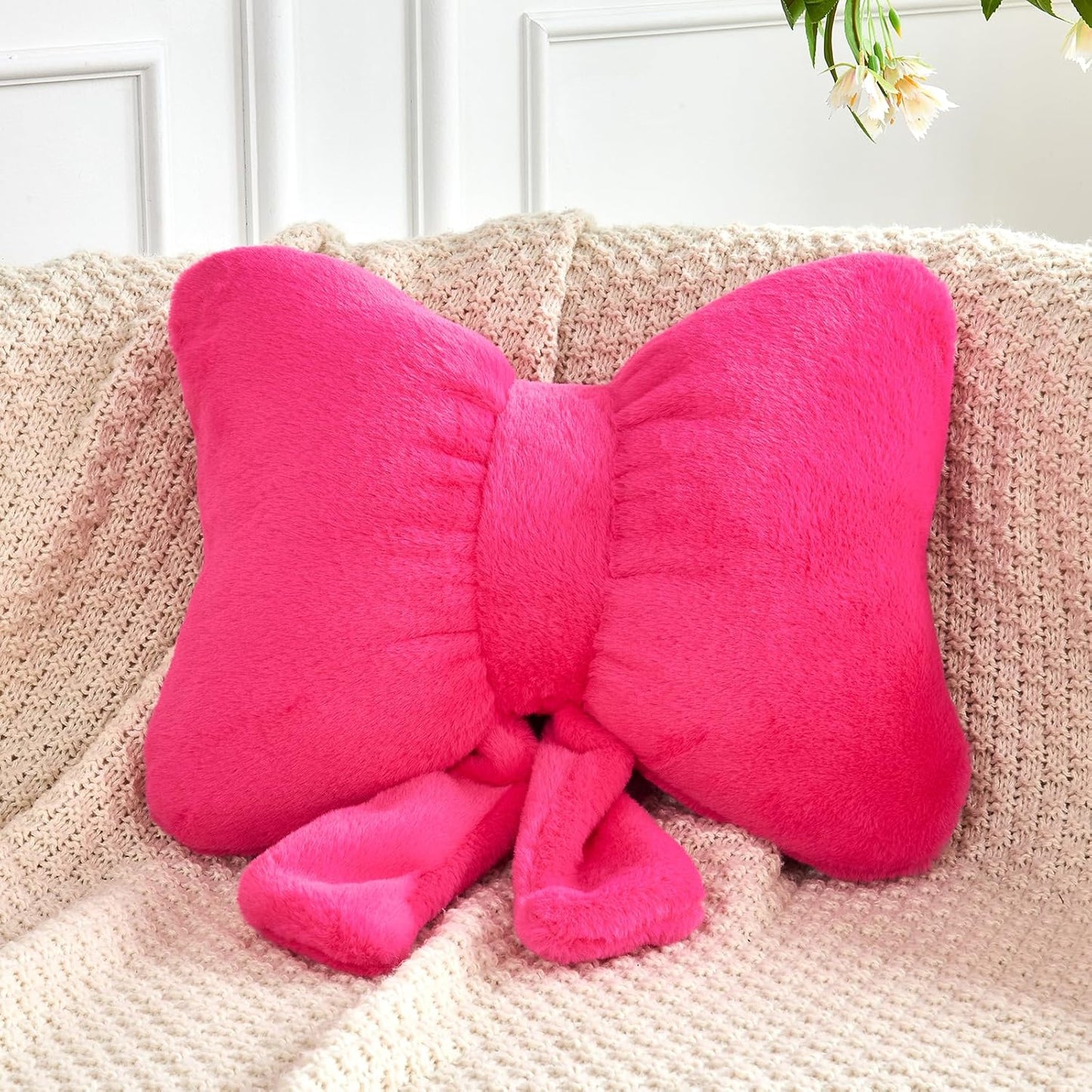 Hot Pink Bow Pillow, Soft Bow Decorative Pillows with Faux Rabbit Fur, Cute 12" Bow Throw Pillows, Aesthetic Home Decor Bow Shaped Plush Pillow for Bedroom Sofa Couch