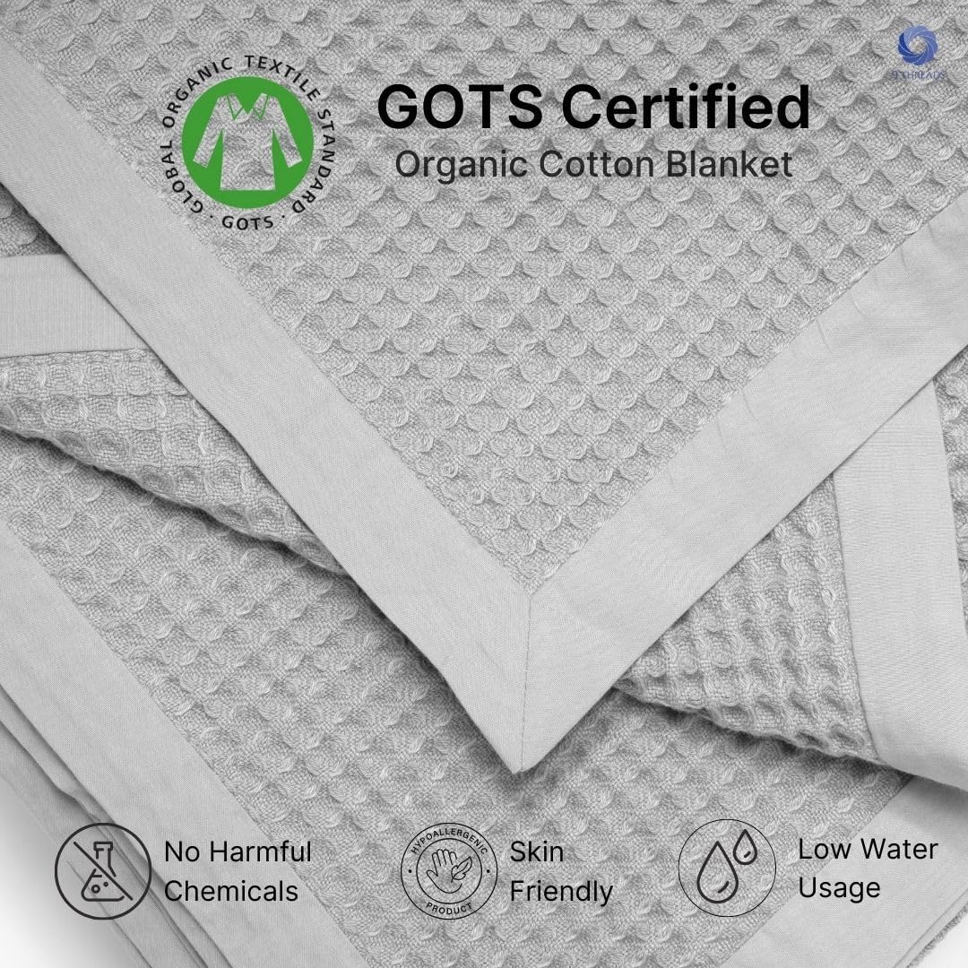 GOTS Certified Organic Cotton Waffle Weave Blanket, Queen Bed Size, 90"X90"Cozy Throw Blanket for Couch, Modern Home Decor, Throw Blankets,Waffle Blanket, Soft Bed Blankets -Scottish Grey