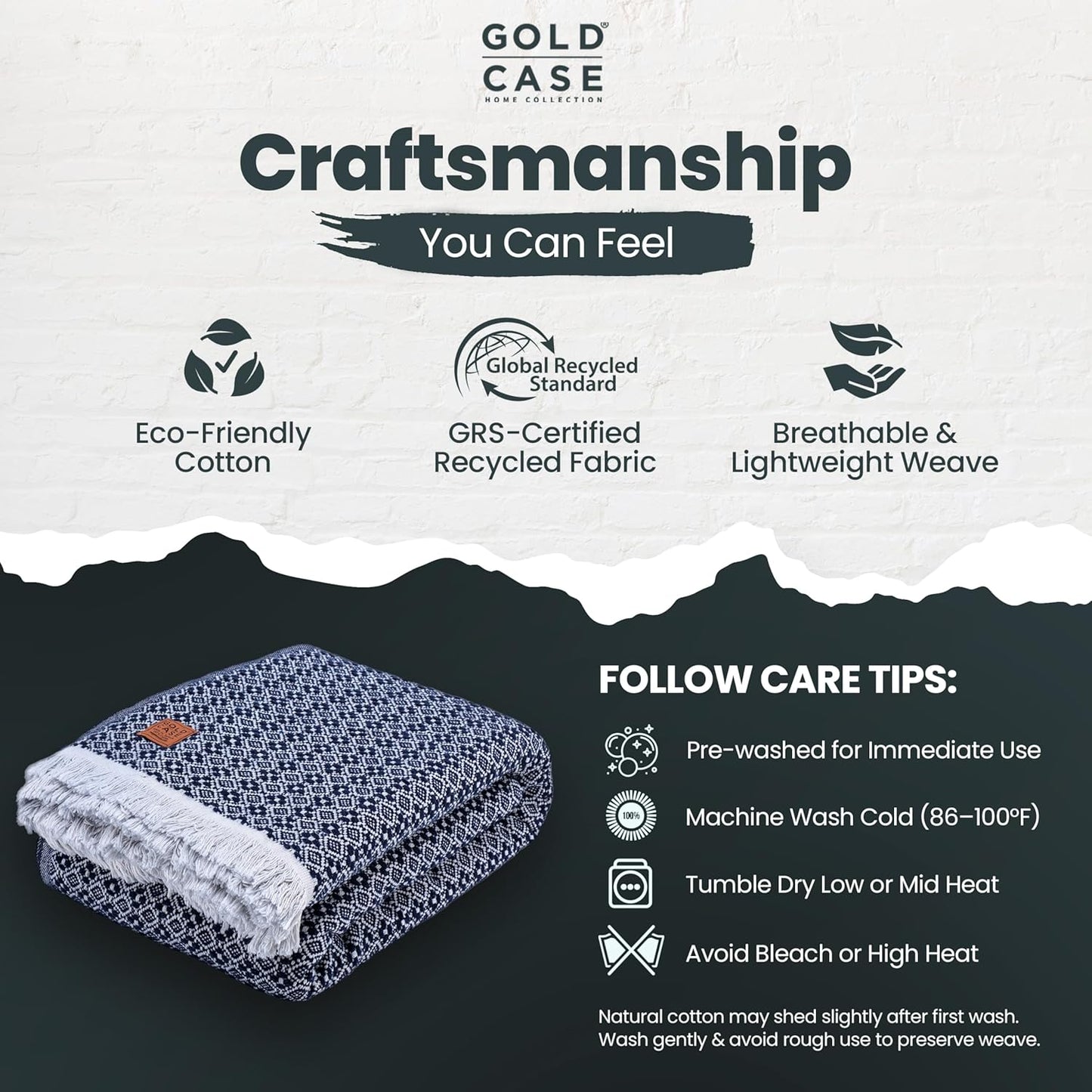 Gold Case Throw Blanket for Bed - 100% Recycled Turkish Cotton Blanket - Retro Lightweight Soft Throw Blankets for Bed & Living Room - Queen Size Cozy Blankets - 90x90 - Navy Blue