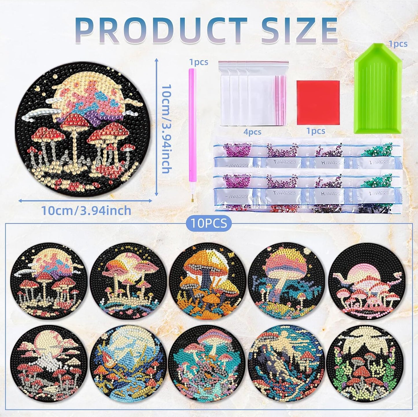 EWJRNSF 10 PCS Diamond Art Coasters Kit, Small Diamond Painting Coasters, Fall Diamond Art Kits for Adults Beginners, Arts and Crafts Supplies Item Sets with Holder Mushroom
