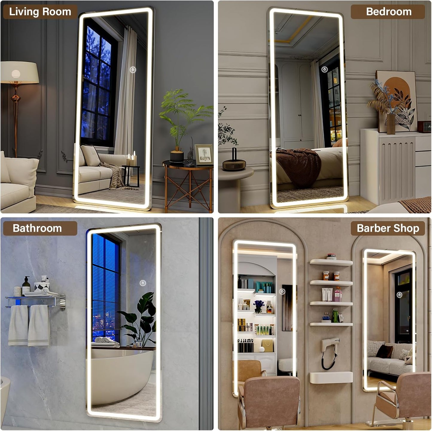 LED Full Length Mirror with Lights - 71"x26"Floor Standing Mirror with Rounded Corner Dimmable 3 Color Lighting, Aluminum Frame,Leaning Hanging for Bedroom Cloakroom, White