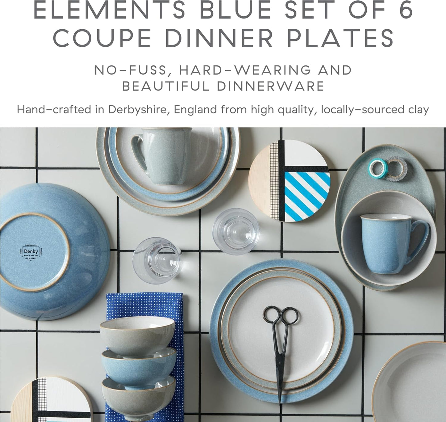 Denby - Elements Blue Coupe Dinner Plates Set of 6 - Dishwasher Microwave Oven Safe - Scratch Chip Resistant - Large Ceramic Stoneware Dinnerware Plates Set