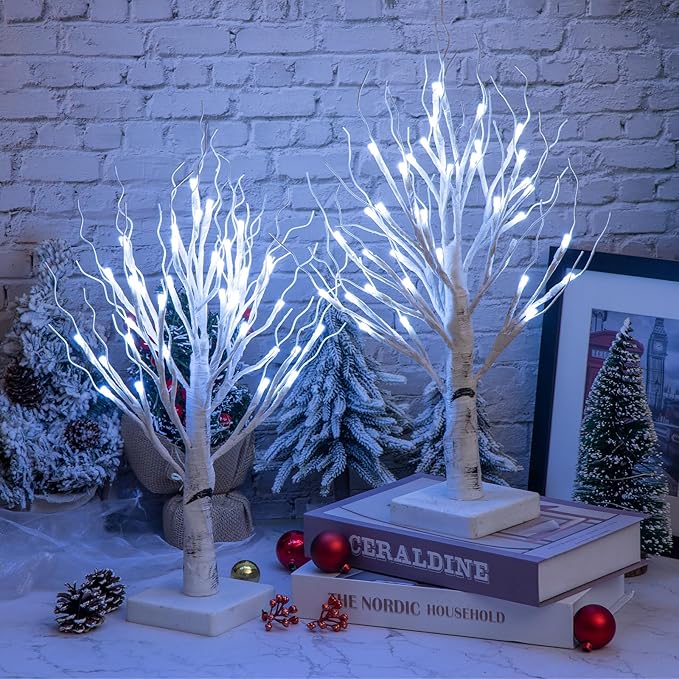 4pcs 36LED Lighted Birch Tree Home Decor - White Birch Tree with Lights Money Tree Wedding Centerpieces Artificial Branches Table (White)