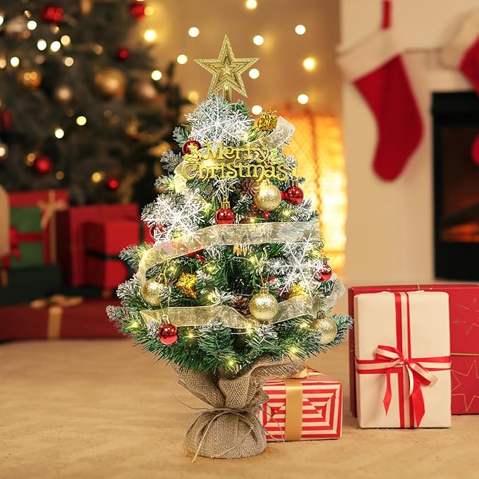 Tabletop Mini Artificial Christmas Tree with LED Lights, Star Topper, and Hanging Ornaments - 24 Inch Small Christmas Tree for Holiday DIY Decorations