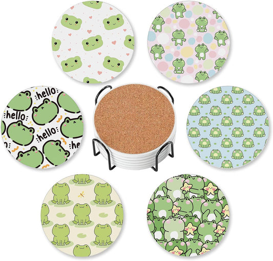 Drink Coasters for Drinks Set of 6,Cute Frog Absorbent Round Ceramic Stone Mat Coaster, with Cork Base and Metal Holder, Home Bar Decor House Warming Gift