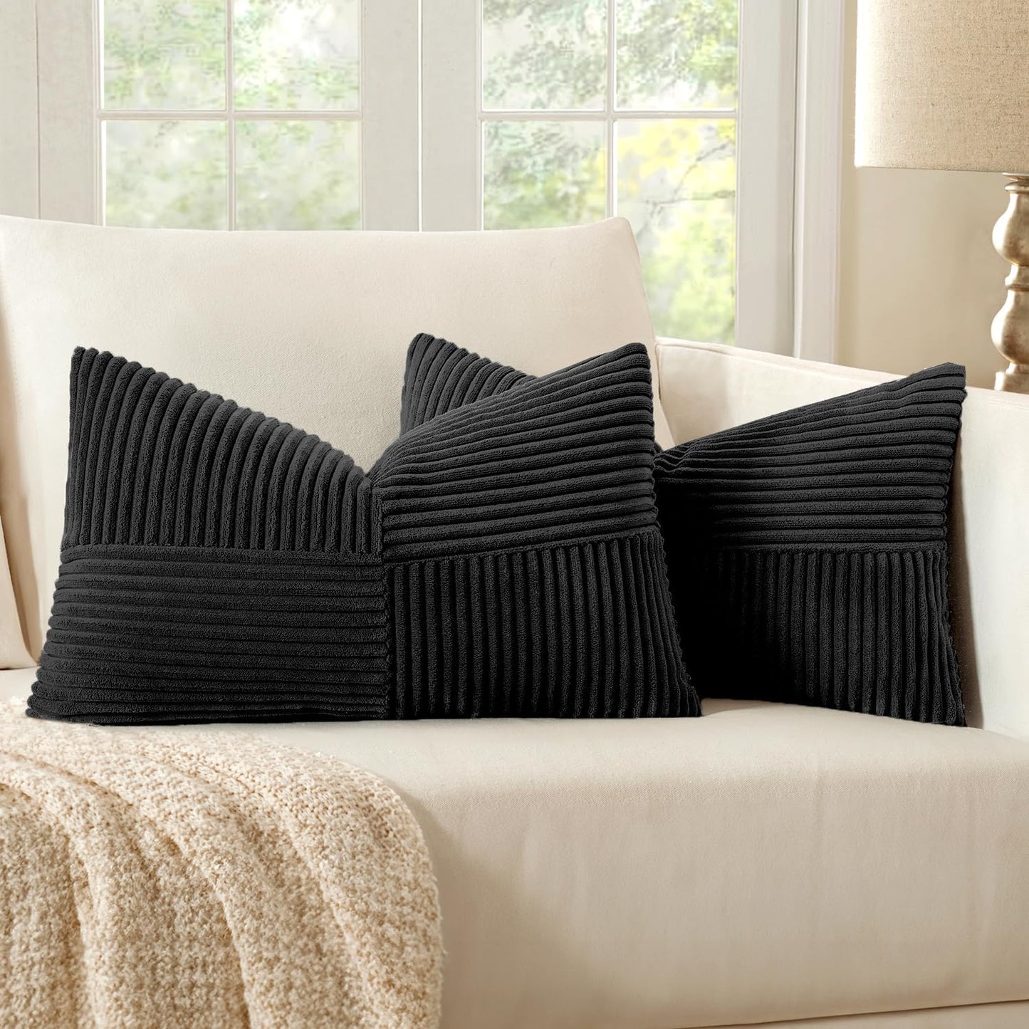 MIULEE 12x20 Inch Boho Lumbar Accent Pillows Set of 2 - Black Corduroy Textured Throw Pillow Covers with Cross Patchwork Design, Soft Spliced Decorative for Sofa, Bed & Reading Nook