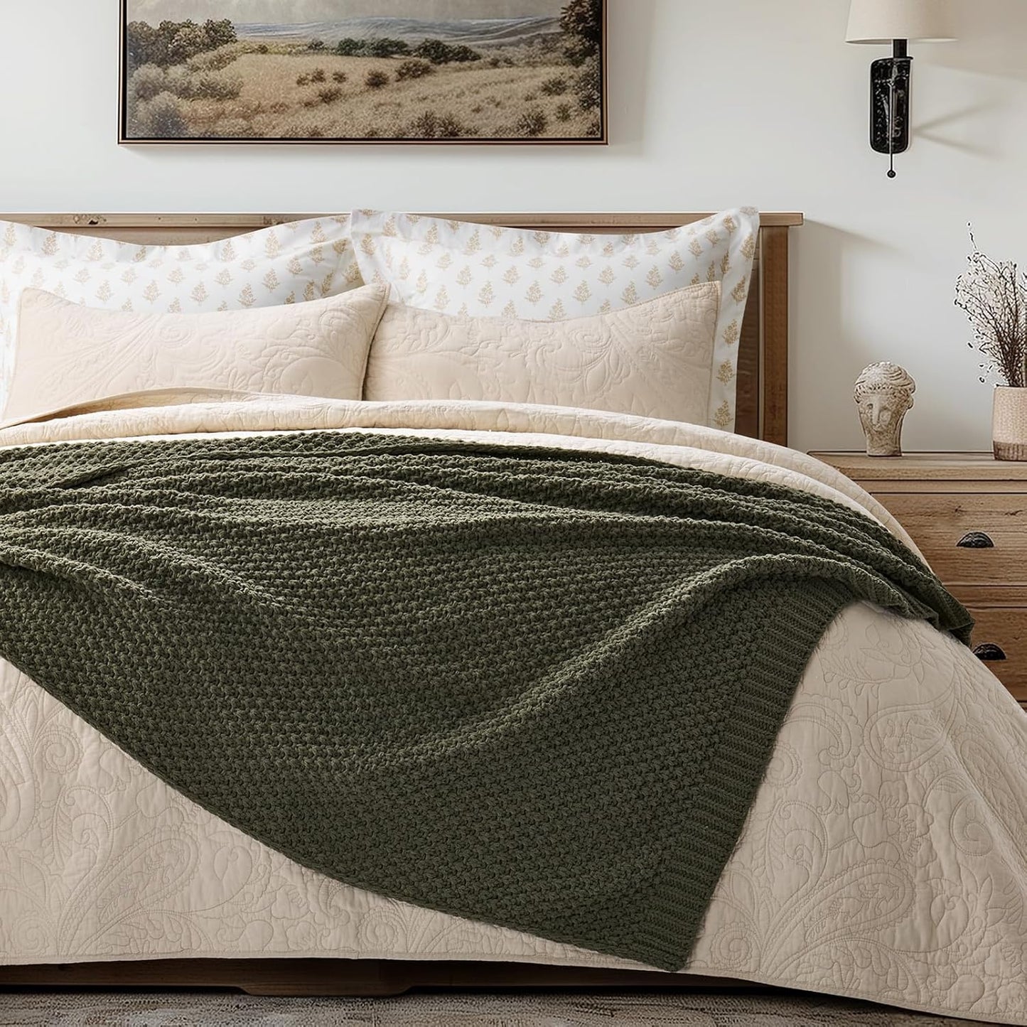 EVERGRACEHOME Chunky Chenille Knit Throw Blanket for Couch, Soft Luxurious Moss Stitch Blankets for Bed, Cozy Decorative Farmhouse Knitted Throws for Sofa, Olive Green, 50" x 60"