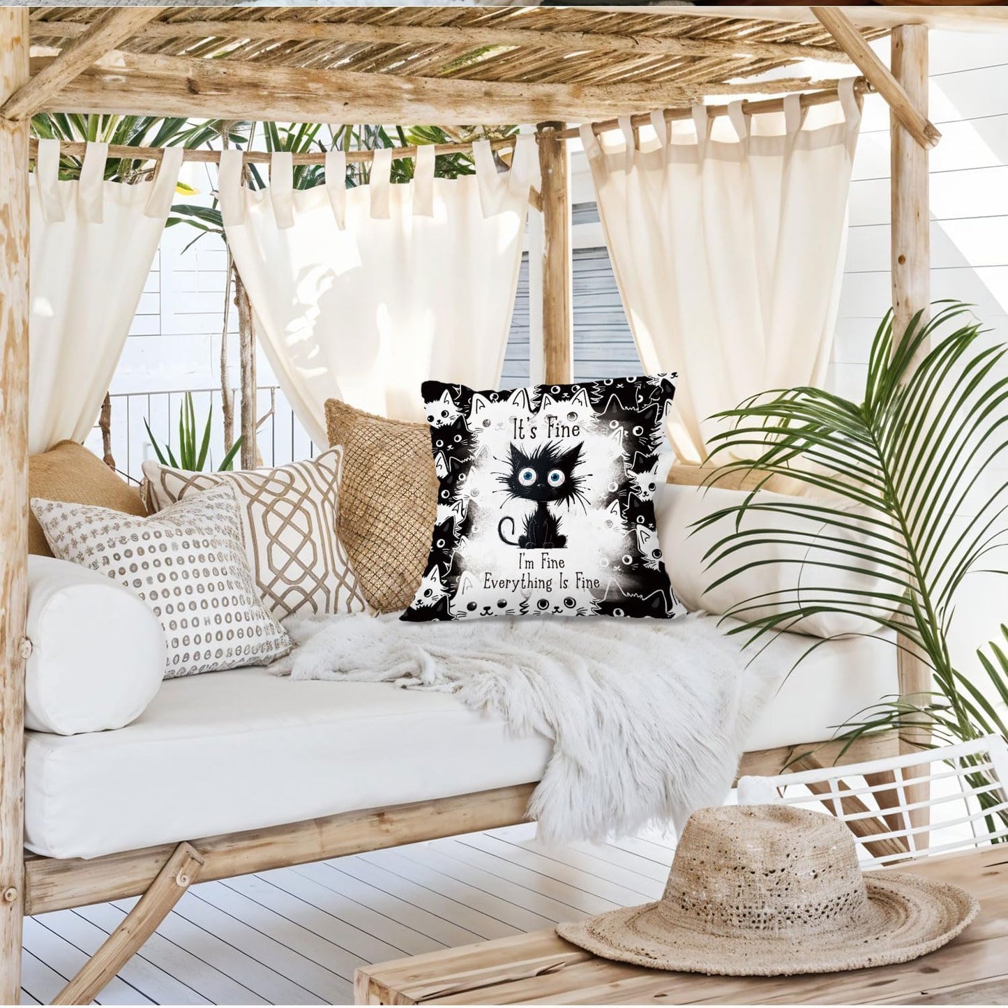 Funny Black Cat Pillow Covers 18x18, Black Cat Decor, It's Fine I'm Fine Everything is Fine Decorative Throw Pillow Covers Pillowcases for Bedroom Living Room Home Decor