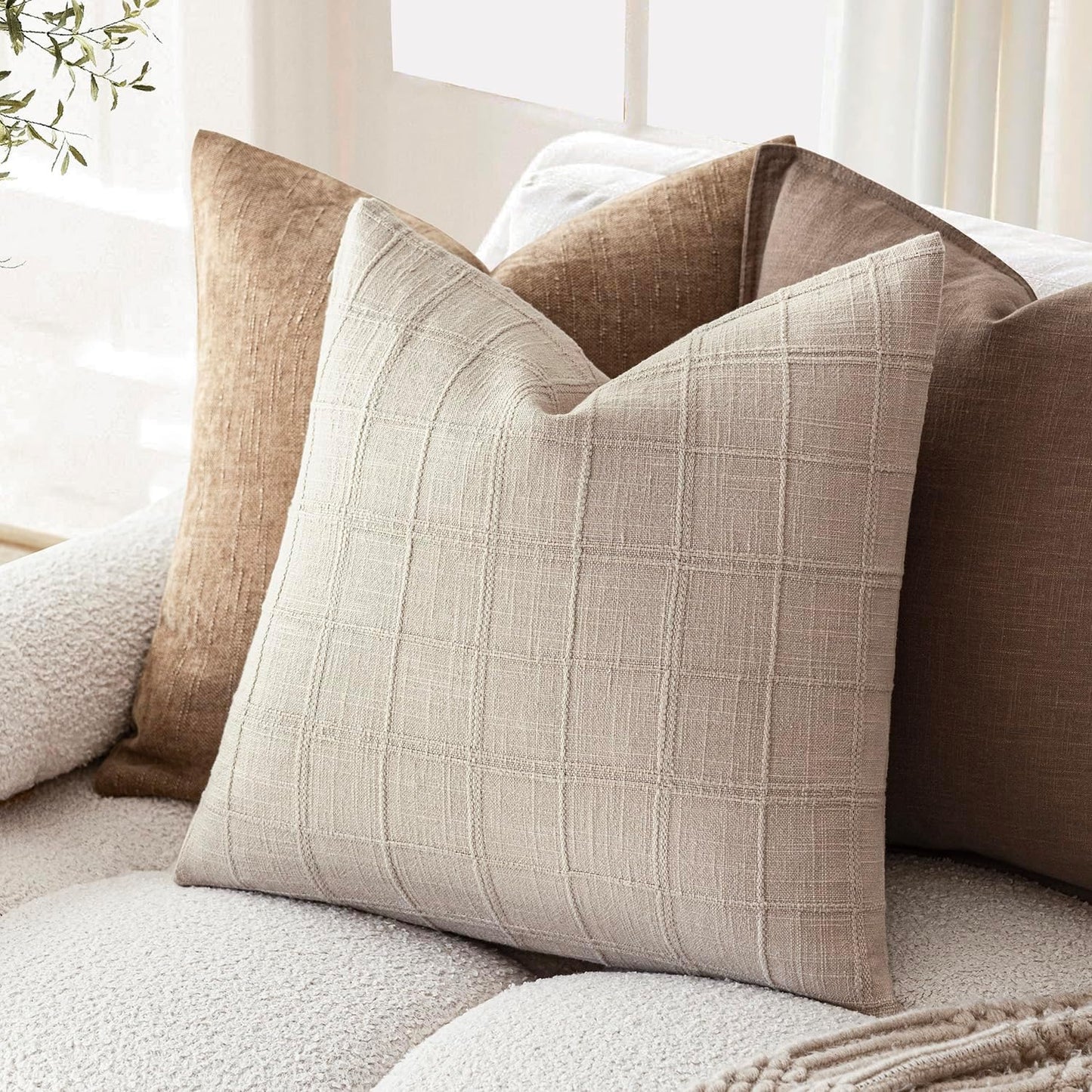 Foindtower Set of 2 Decorative Linen Check Throw Pillow Covers Neutral Farmhouse Vintage Cushion Covers Modern Boho Home Decor for Sofa Chair Couch Bedroom Living Room,22×22 Inch,Natural Linen