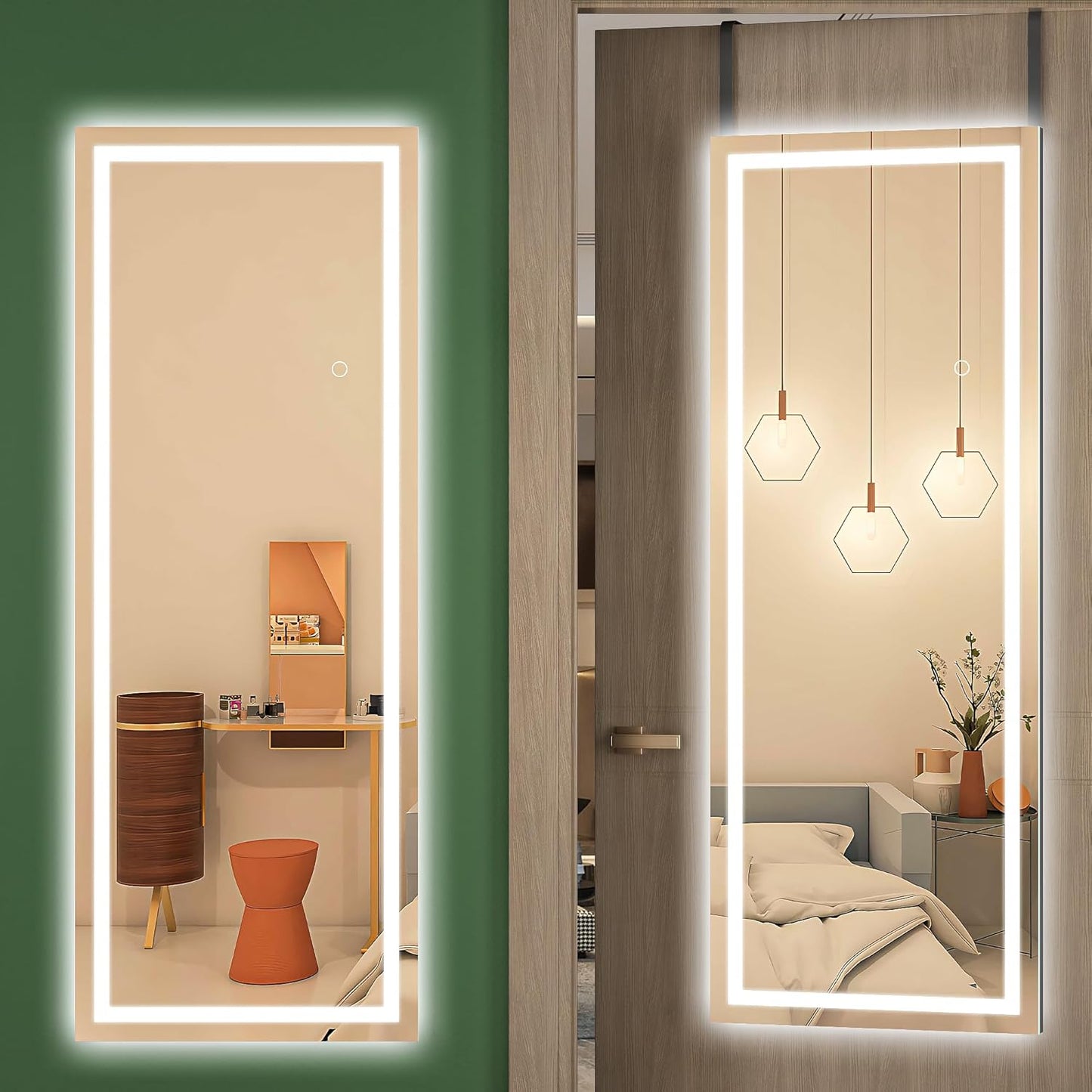 Hasipu LED Door Mirror Full Length, 47 x 18 Inch Full Body Wall Mirror Over The Door Hanging Mirror for Bedroom, Living Room, Cloakroom Right Angle