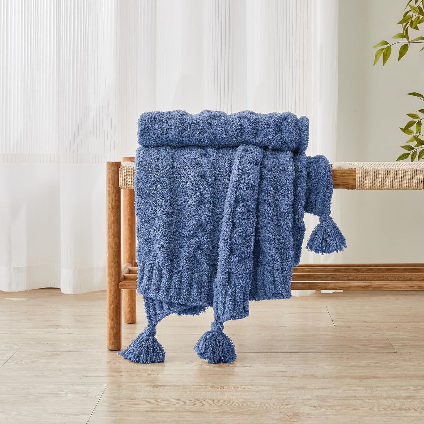HORIMOTE HOME Chenille Chunky Knit Throw Blanket for Couch with Tassels, Soft Cozy Blanket for Sofa Chair Bed, Blue, 50"x 60"
