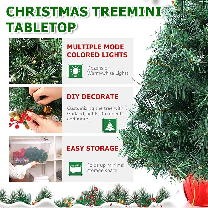 2ft Pre-lit Artificial Mini Christmas Tree,Small Xmas Pine Tree with 50 Lights, Tabletop Christmas Tree Battery Operated Green Xmas Tree for Tabletop