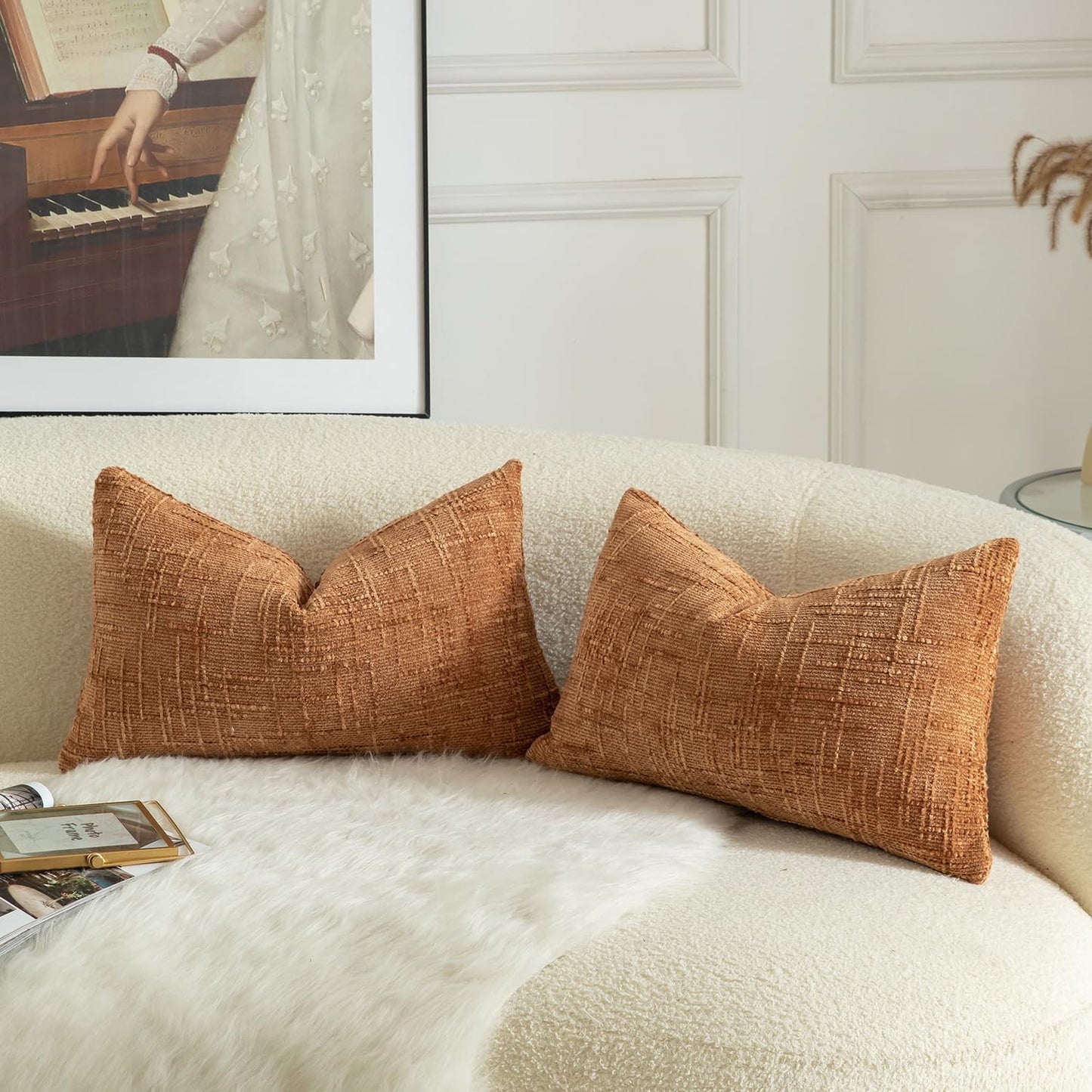 MANDIOO Pack of 2 Soft Chenille Textured Throw Pillow Covers Lumbar Accent Solid Decorative Cushion Cover Cozy Farmhouse Pillow Case for Couch Sofa Bed Living Room 16x24 Inch Burnt Orange