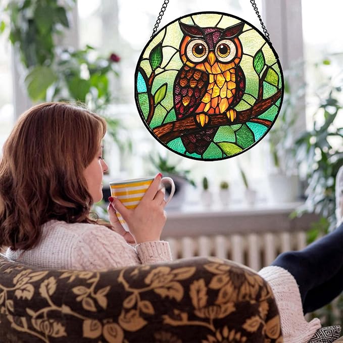 Stained Glass Window Hanging - Owl on a Branch Suncatcher for Doors Window Home Orange Brown Sun Catchers Decor Christmas Mother's Day Birthday Gifts for Teacher Women Men Mom Nana 7.8 in