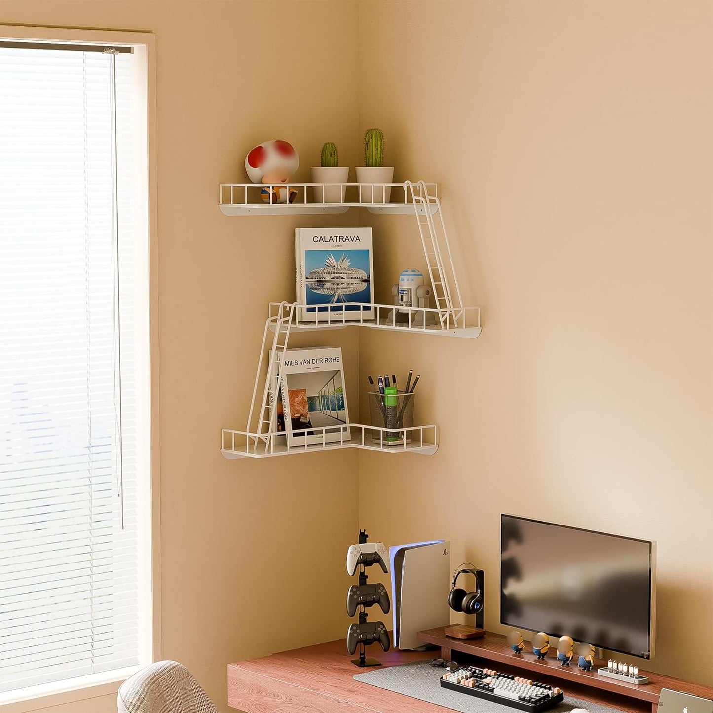 Fire Escape Wall Shelf - Modern City Style 3-Tier Corner Wall Shelves, Easy to Install Metal Ladder Shelf for Figures, New York Decorative Shelves for Bathroom, Living Room & Home Decor,White