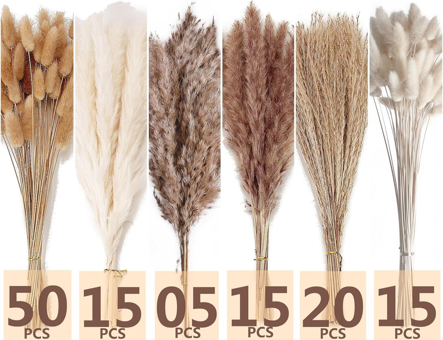 Dried Pampas Grass Decor, 120 PCS Pampas Grass with Bunny Tails Dried Flowers, Reed Grass Bouquet for Wedding, Boho Flowers, Home Table Decor, Rustic Farmhouse Party (White and Brown)