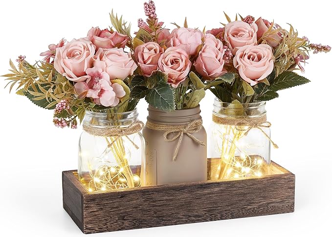 Mkono Mason Jar Lights Centerpiece Table Decorations For Dining Room Farmhouse Table Decor Tray With 3 Jars Flowers Arrangement Summer Decor For Kitchen Living Room Wedding, Pink