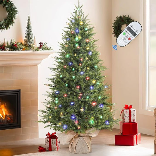 5ft Prelit Artificial Small Mini Christmas Tree with Color LED Lights, Remote Control and Timer, Perfect for Xmas Decorations, Home, Kitchen, Dining Table top, 5FT