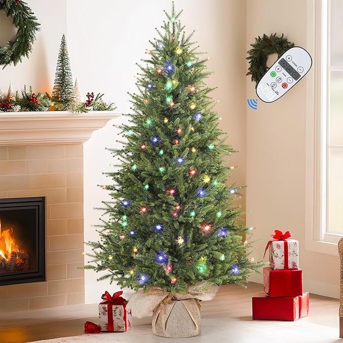 4ft Prelit Artificial Small Mini Christmas Tree with Color LED Lights, Remote Control and Timer, Perfect for Xmas Decor, Wedding Dining Table top, Home, Kitchen,4 Foot