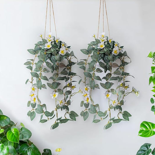 2PCS Artificial Hanging Plant with Pot Faux Hanging Plants Small Hanging Plants Pot with Artificial Vines and Flower Greenery Decoration for Living Room Wall Home Wall Shelf (White)
