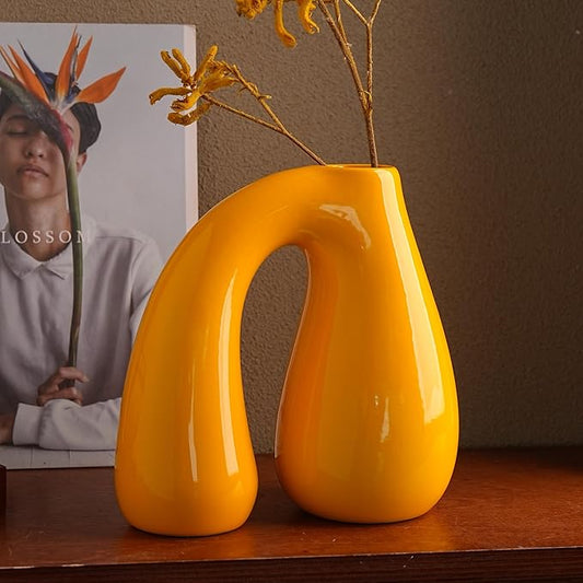 Yellow Ceramic Decorative Pitcher Vase, 7.5 in – Glossy Sculptural Arch-Handle, Modern Home Décor Accent for Fresh or Dried Floral Arrangements, Table/Shelf/Entryway, Giftable