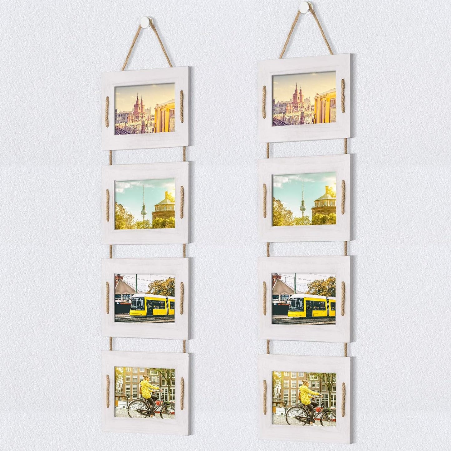 DLQuarts 5x7 Hanging Collage Picture Frames Wall Decor, 4-Opening 5x7 Matted to 3.5x5 Photo Rustic Wood Frame with Hemp Rope, 2 Pack, Vintage White